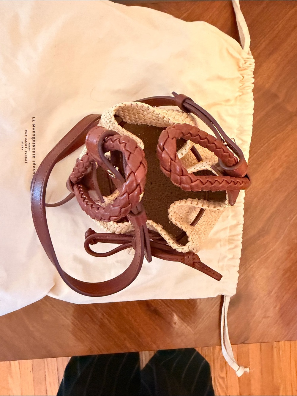 Sezane Woven Bucket Bag with Brown Leather Trim and removable strap - Picture 3 of 3